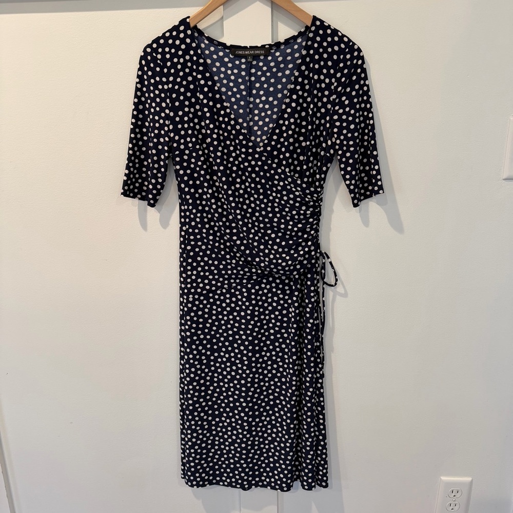 Jones Wear Women's Dress Blue Polka Dot Faux Wrap Side Ruched Stretch Classic 6